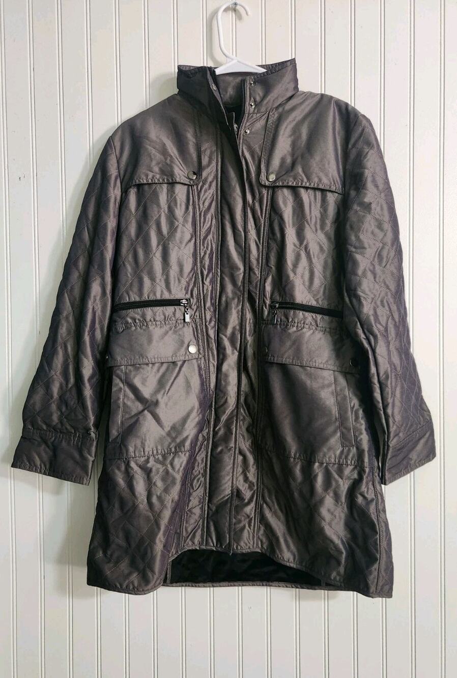 Kristen Blake Jacket Womens Medium Gray Parka Coat Quilted Raincoat Lined